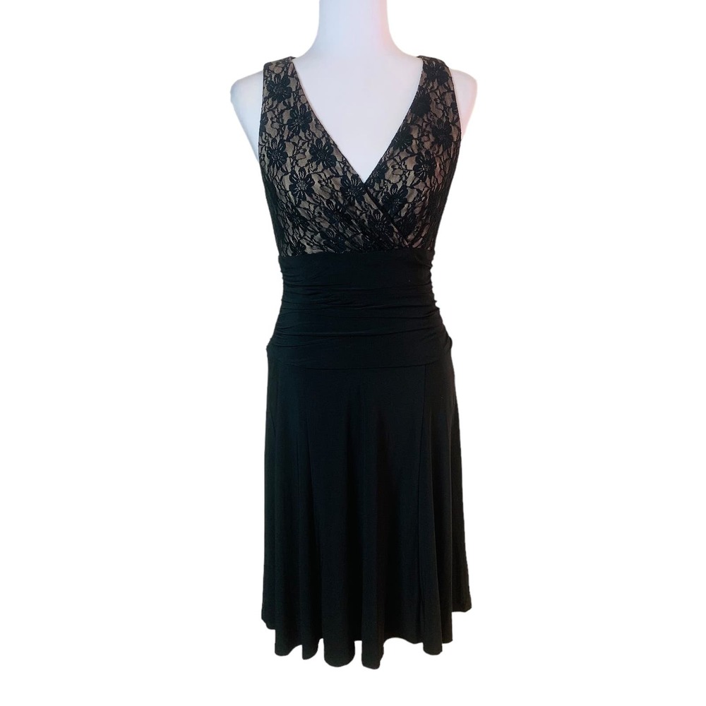Vintage Women's Black A-Line Coctail Dress w/ Lace Bodice, Size: Medium